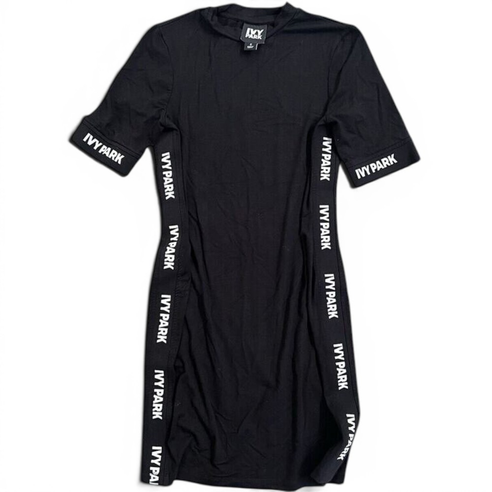 Ivy Park Black SS Side Stripe Logo Bodycon Sporty Mock Neck Dress SZ S